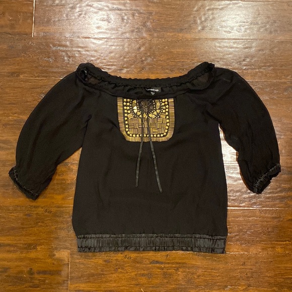 Bebe Black Off the Shoulder Silk Gold Beaded Front Blouse Women’s XS - Picture 1 of 7